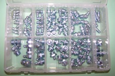 Box of  grease nipples, BSP and UNF. 90 pieces in assorted, straight and angled sizes.